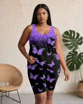 Women's Plus Size Daily Casual Purple Gradient Butterfly Print Pocket Vest Shorts Suit